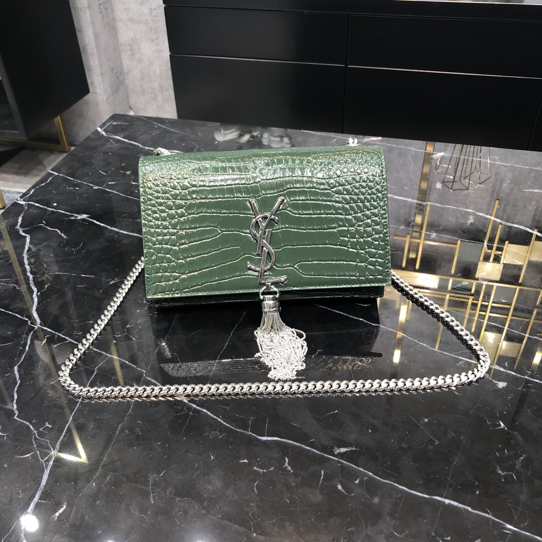 Saint Laurent Kate Tassel Small Crocodile Embossed Calfskin Shoulder Bag Handbag Army Green 474366 Silver